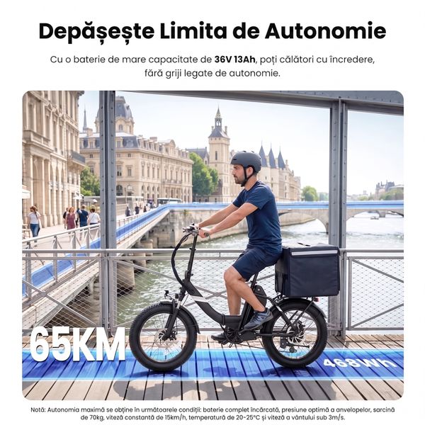 Biciclist pe o bicicletă electrică în oraș, cu autonomia de 65 km și condițiile de măsurare indicate