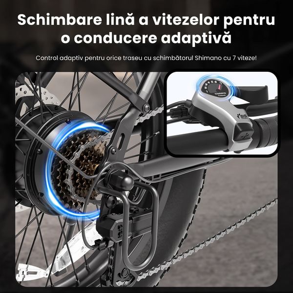 Detaliu al sistemului de propulsie spate și al manetei schimbătorului Shimano, cu descriere
