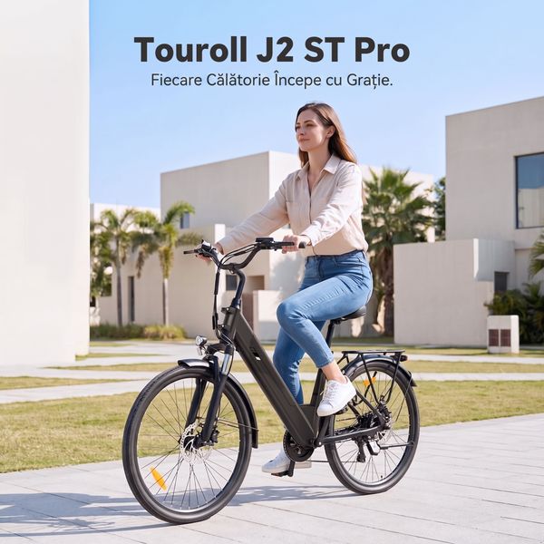 Femeie deplasându-se pe bicicleta Touroll J2 ST Pro într-un mediu urban