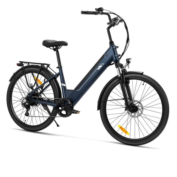 Bicicletă electrică albastru închis, văzută din lateral, cu inscripție pe cadru