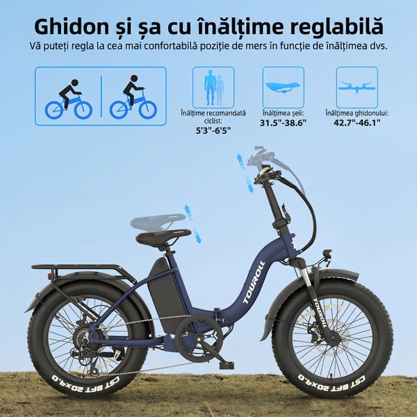 Bicicletă electrică cu reglajele pe înălțime ale ghidonului și șeii evidențiate