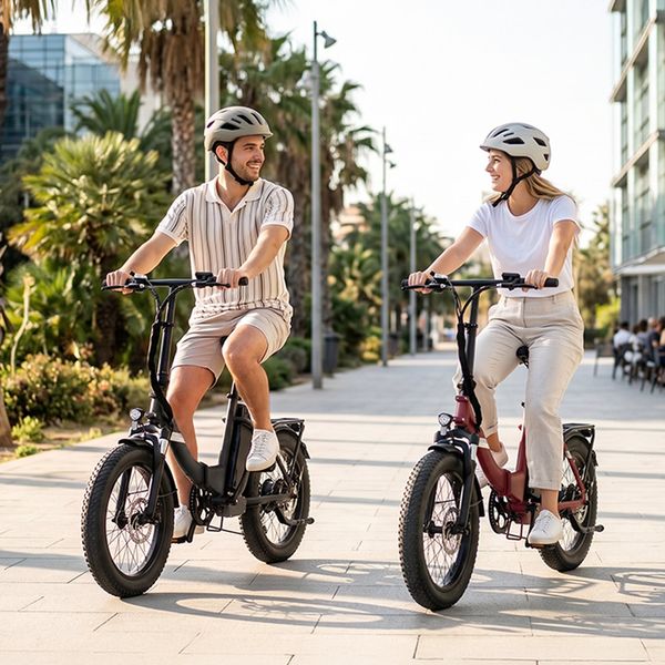 Două persoane pe biciclete electrice Touroll, pe o pistă de biciclete din oraș