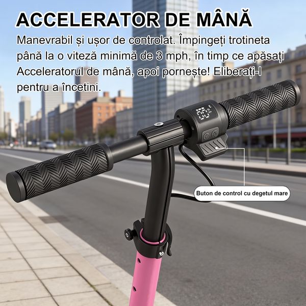 Ghidonul unei trotinete electrice roz, cu display și accelerație pentru degetul mare