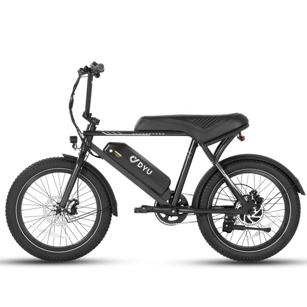Detaliu lateral al bicicletei electrice negre, cu bateria inscripționată cu sigla DYU