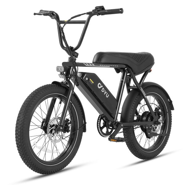 Bicicletă electrică neagră DYU cu anvelope late, baterie integrată în cadru și far frontal