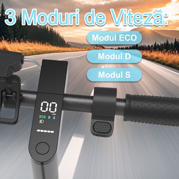 Vedere asupra ghidonului cu afișaj LED și indicarea modurilor ECO, D și S