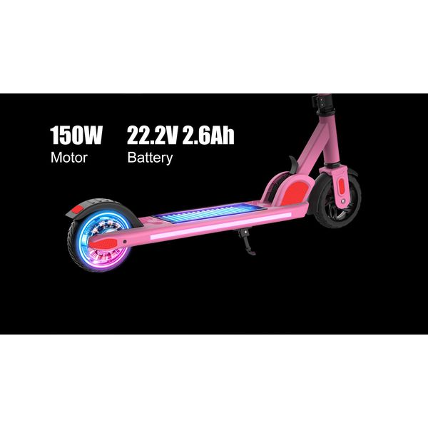 Trotinetă electrică roz cu iluminare LED colorată și informații despre motor și baterie