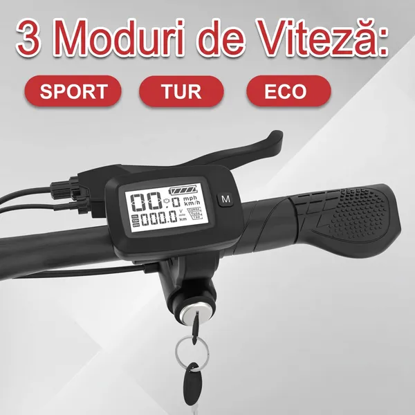 Detaliu al ghidonului cu afișaj, buton pentru moduri și informații despre cele trei moduri de viteză