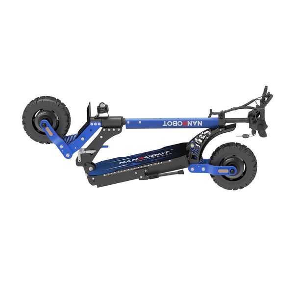 Trotinetă electrică albastră Nanrobot pliată, cu roțile și suspensiile vizibile