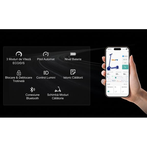 Mână care ține un telefon cu aplicația pentru controlul trotinetei electrice