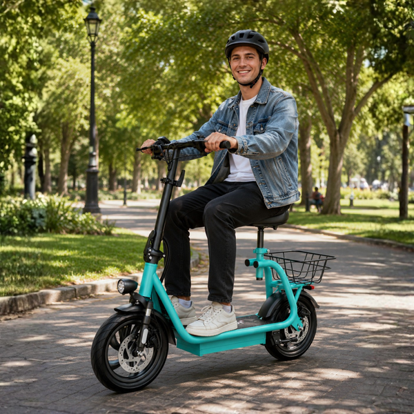 Bărbat deplasându-se așezat pe o trotinetă turcoaz Nanrobot M5, într-un parc