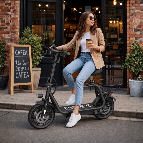 Femeie așezată pe o trotinetă electrică neagră cu coș, în fața unei cafenele