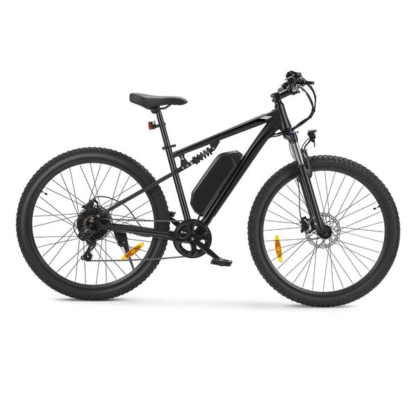 Detaliu lateral al bicicletei electrice, cu marcajul bateriei vizibil