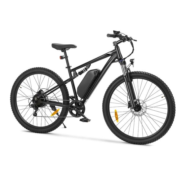 Vedere laterală a bicicletei electrice negre, cu cadru, șa și ghidon