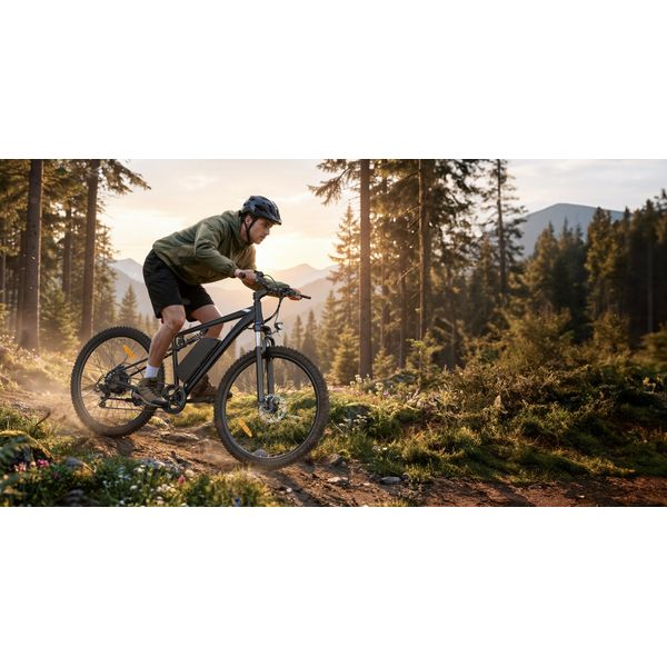 Biciclist pe o bicicletă electrică în timpul unei deplasări dinamice în natură