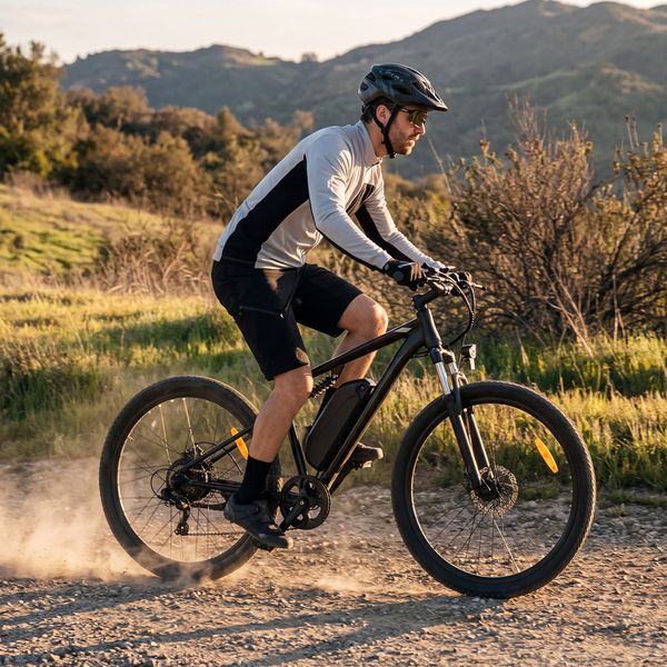 Biciclist pe o bicicletă electrică, pe un drum cu pietriș în natură