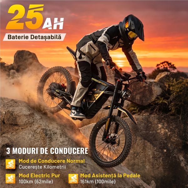 Pilot care urcă pe bicicleta electrică o pantă pietroasă, alături de informații grafice despre baterie