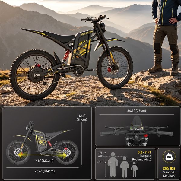 Bicicletă electrică într-un peisaj montan, cu pictograme pentru dimensiuni, capacitate de încărcare și înălțimea utilizatorului