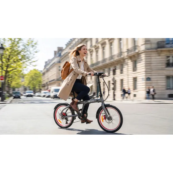 Biciclist pe bicicleta electrică DYU SP1, deplasându-se pe o stradă din oraș