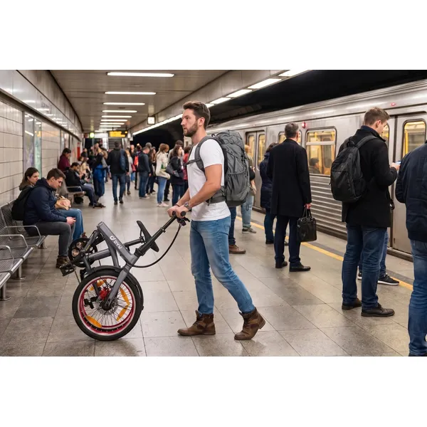 Bărbat care împinge bicicleta pliabilă DYU SP1 pe peronul metroului