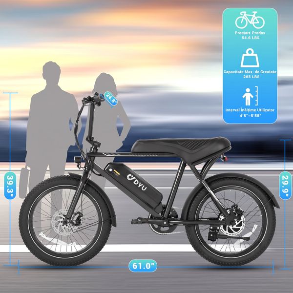 Vedere laterală a bicicletei electrice DYU, cu informații despre dimensiuni și sarcină
