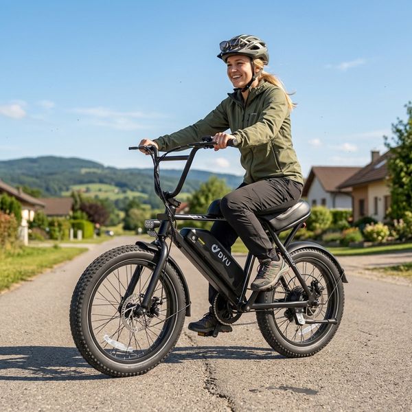 Biciclistă pe bicicleta electrică neagră DYU, deplasându-se pe un drum liniștit