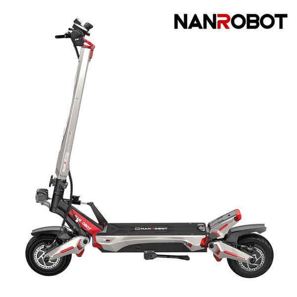 Vedere laterală a trotinetei cu inscripția NANROBOT, far și roți robuste