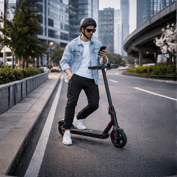 Trotinetă electrică neagră Nanrobot H1, cu detalii roșii, lângă o pistă urbană pentru biciclete