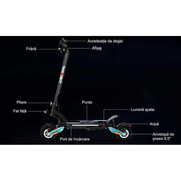 Detaliu lateral al trotinetei, cu portul de încărcare, luminile și comenzile evidențiate.